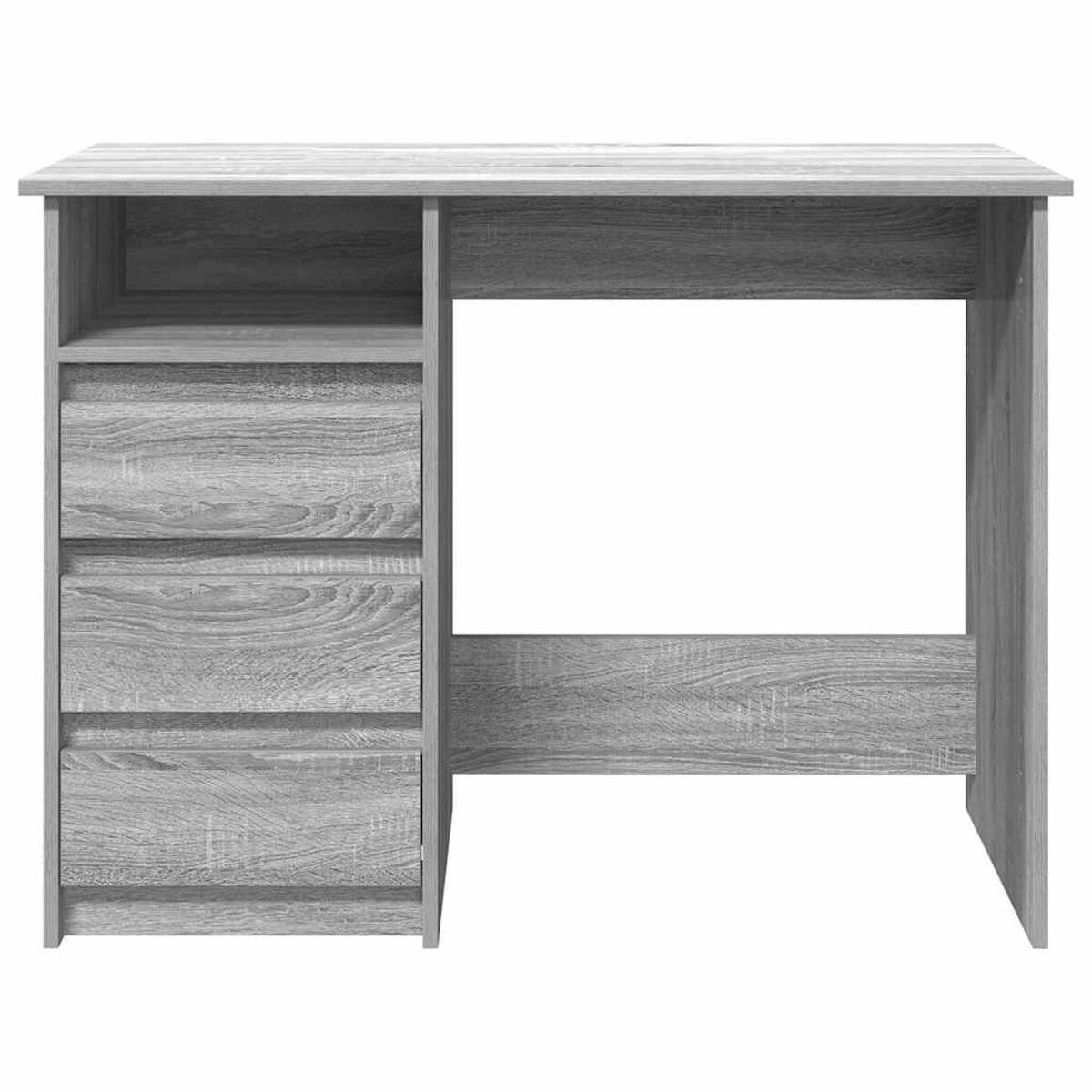 Ein grauer Holzschreibtisch mit Schubladen auf der linken Seite.