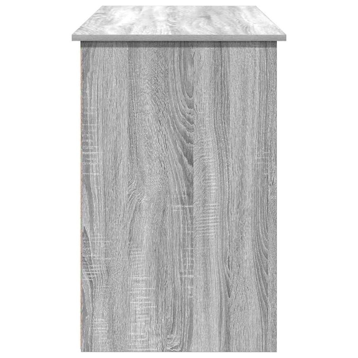 Seitenansicht eines grauen Schreibtisches mit Holzmaserung. Der Hintergrund ist weiß.