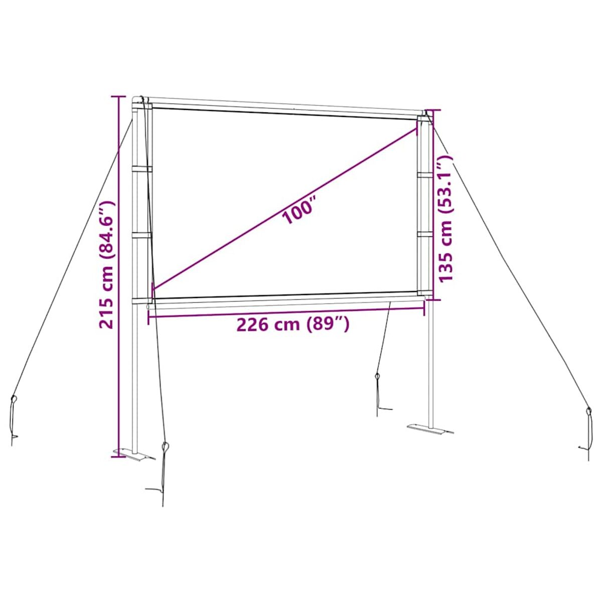 Große Outdoor-Projektionsleinwand mit angegebenen Abmessungen und Maßen.