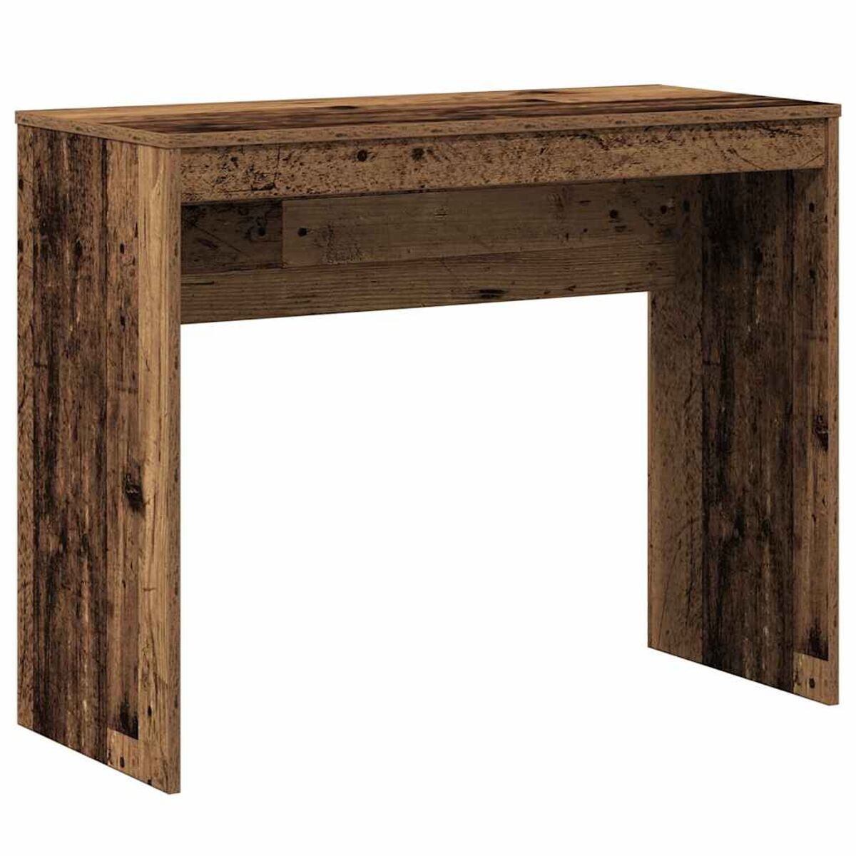 Holzschreibtisch mit einer Schublade. Rustikaler Stil. Braune Holzfarbe. Weißer Hintergrund.
