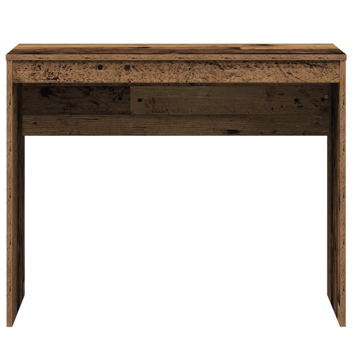 Holzschreibtisch mit dunkelbrauner Oberseite und Beinen. Weißer Hintergrund.