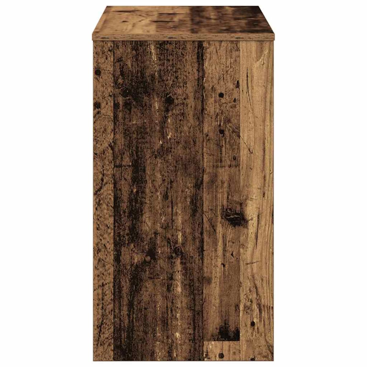 Ein Holzschrank mit vertikaler Maserung. Der Schrank ist hoch und rechteckig, mit braunem Finish.