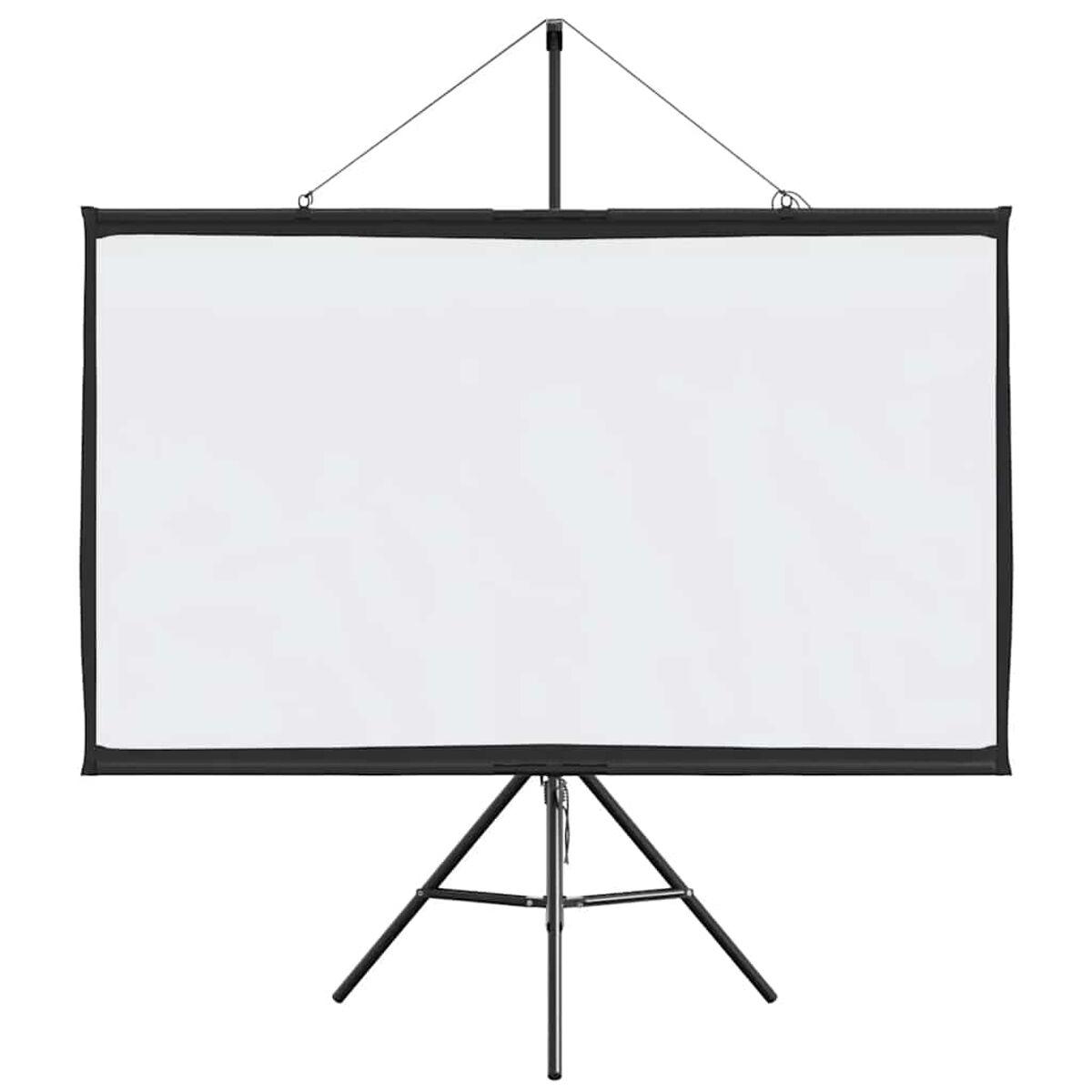 Eine weiße Projektorleinwand auf einem schwarzen Stativ. Der Bildschirm ist rechteckig, der Ständer stabil.