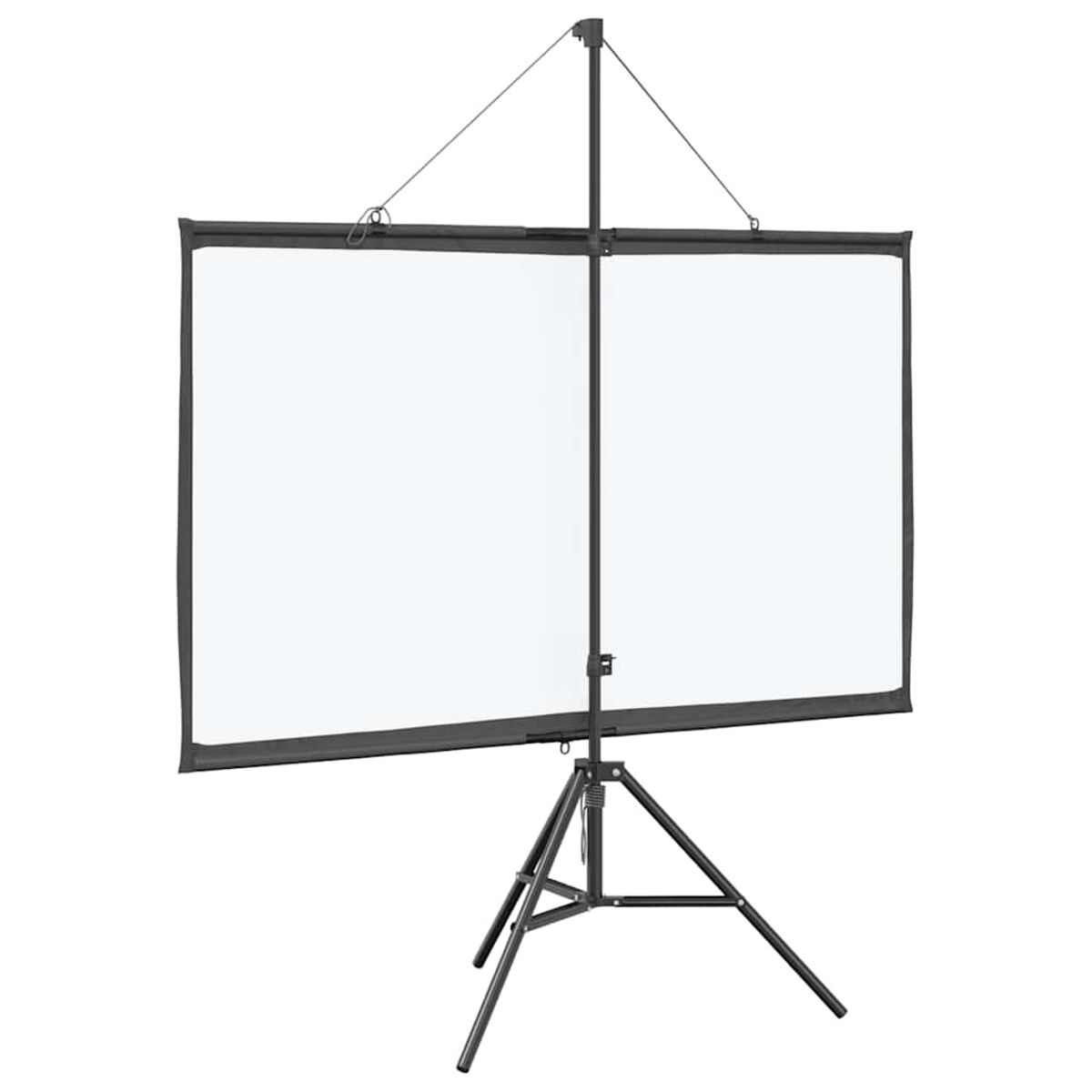 Weiße Projektionsleinwand auf einem schwarzen Stativ. Die Leinwand ist leer und der Rahmen ist schwarz.