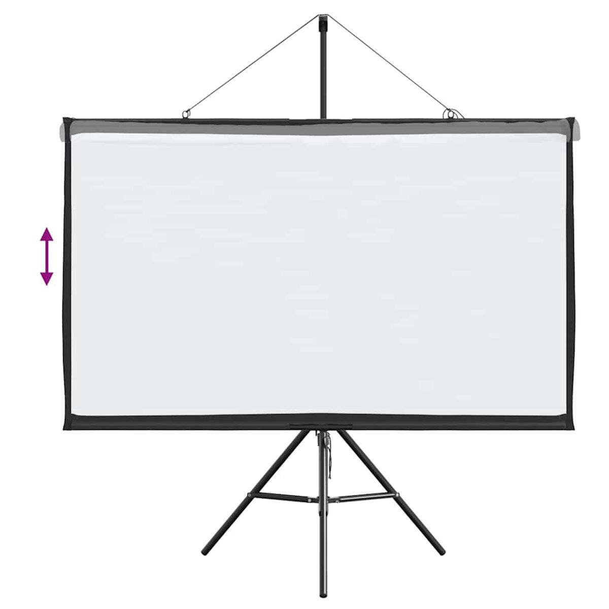 Eine weiße Projektorleinwand auf einem schwarzen Stativ. Der Bildschirm ist heruntergezogen, um seine Oberfläche freizulegen.