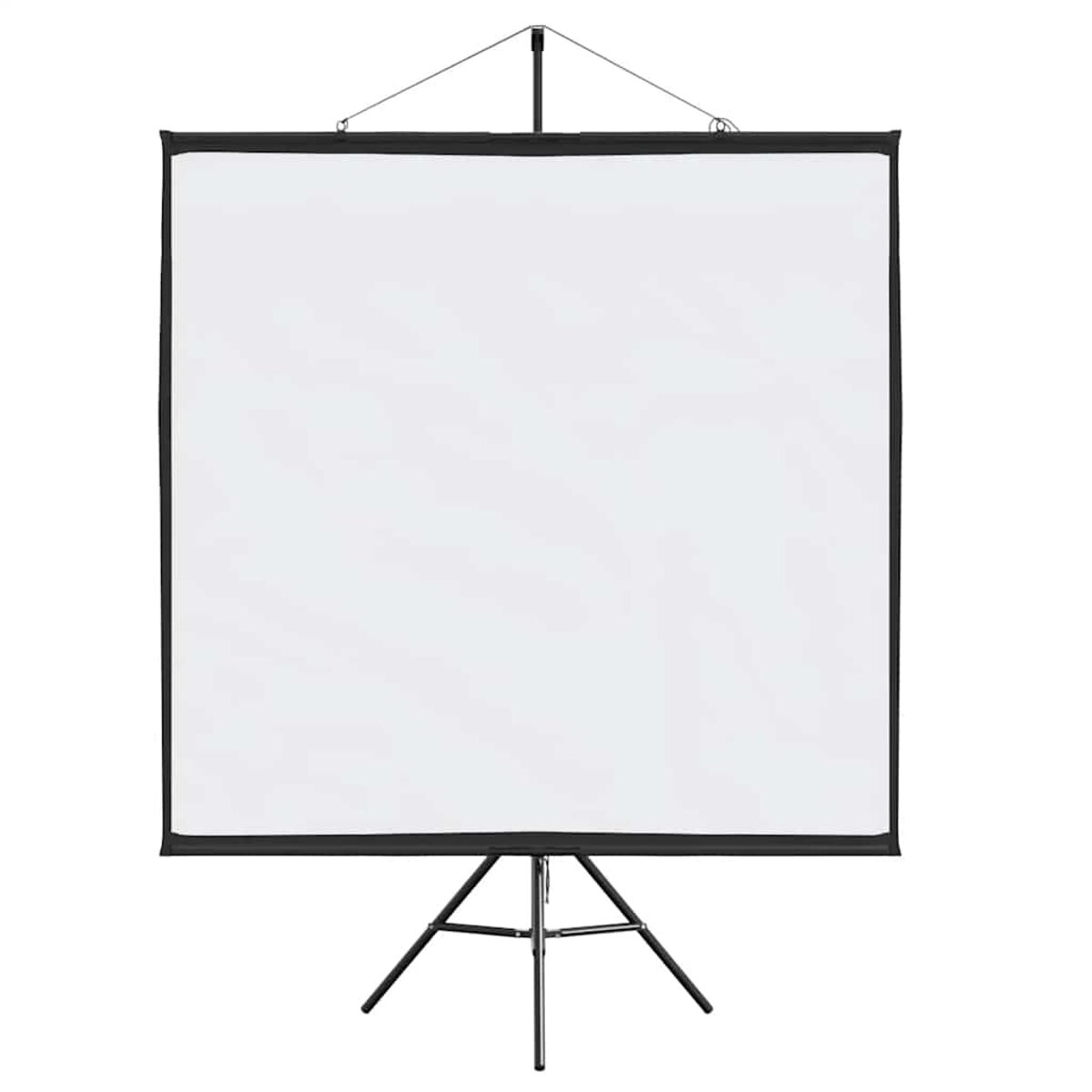 Eine weiße Projektionsleinwand steht auf einem Stativ vor einem weißen Hintergrund.