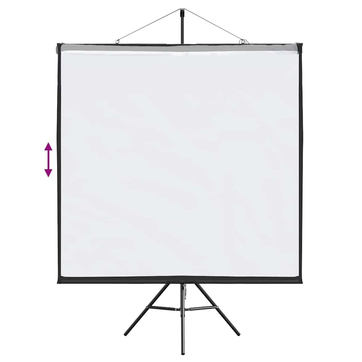 Eine weiße Projektionsleinwand auf einem schwarzen Stativ, mit einem lila Pfeil nach oben/unten links.