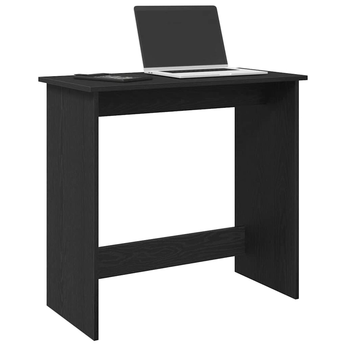 Schwarzer Schreibtisch mit Laptop und Taschenrechner. Er hat ein schlichtes Design.