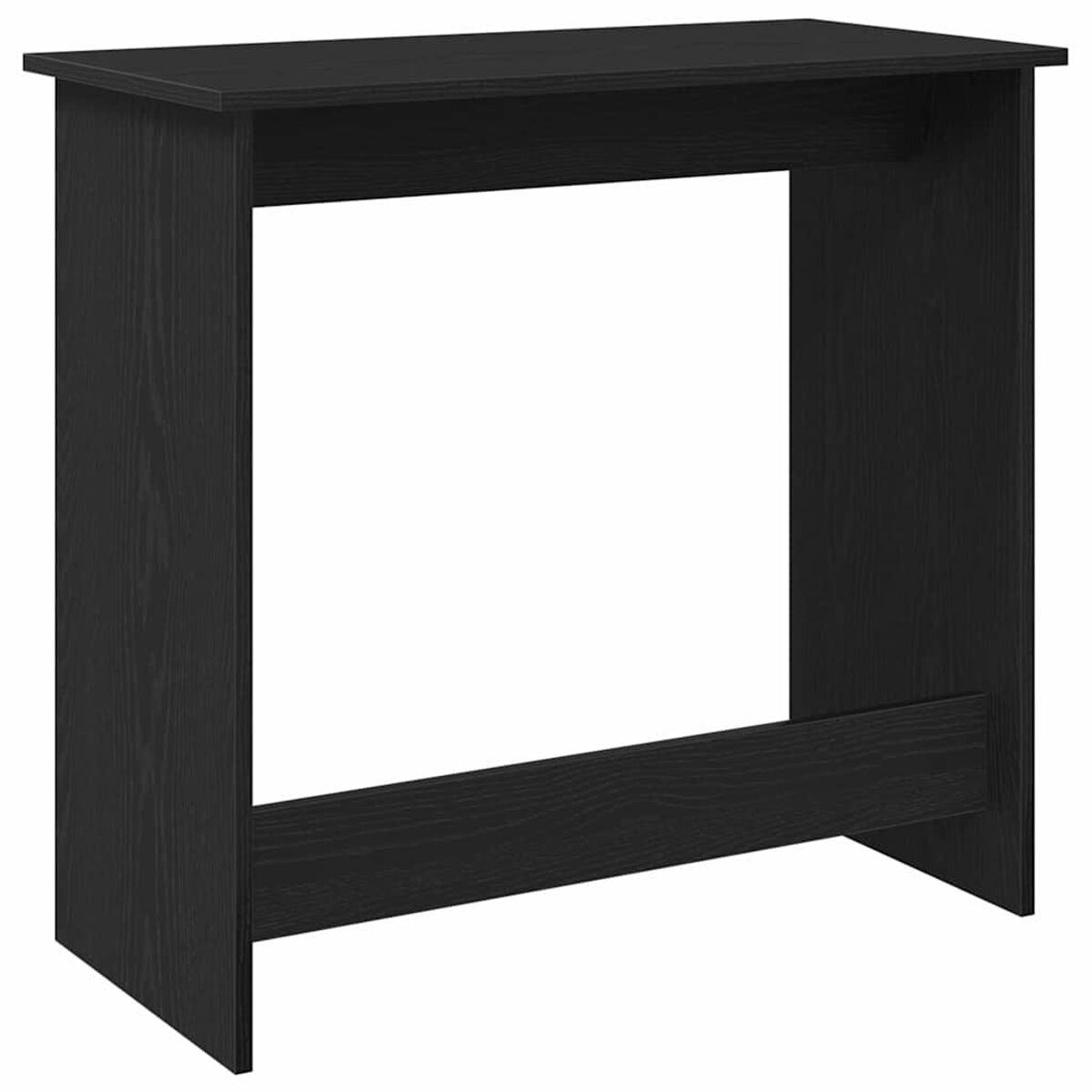 Ein schwarzer Holzschreibtisch mit rechteckiger Öffnung in der Mitte.