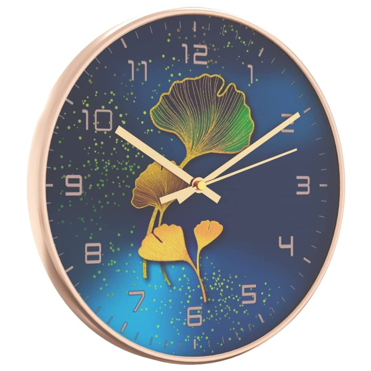 Runde Wanduhr mit goldenem Rahmen, blauem Zifferblatt und goldenem Blattdesign. Römische Ziffern.