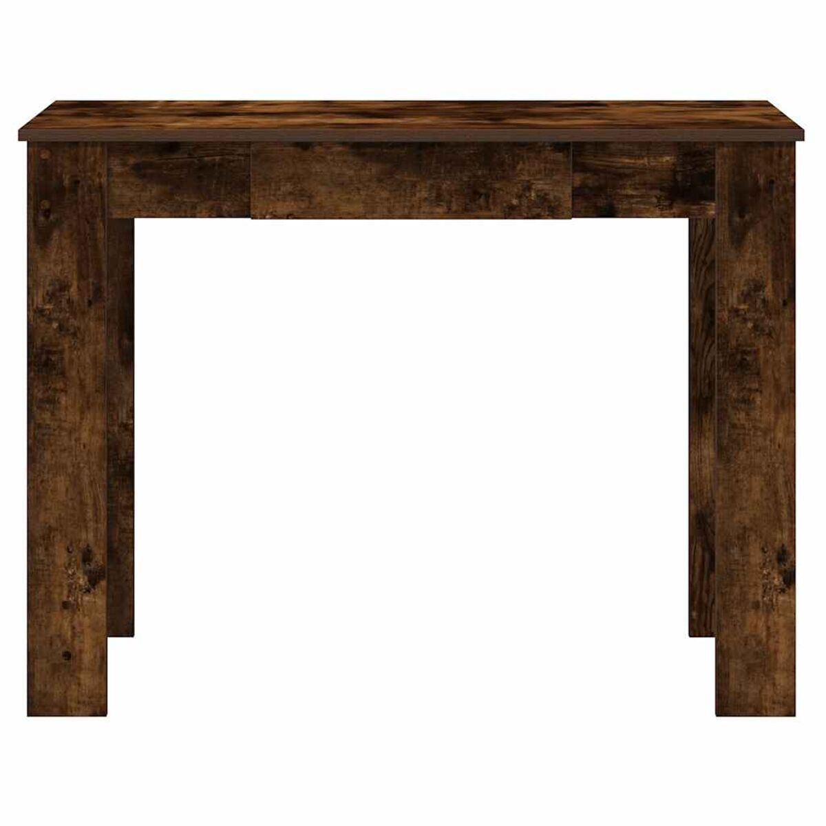 Holzschreibtisch mit dunkelbrauner Oberseite und zwei Schubladen, von vorne gesehen.
