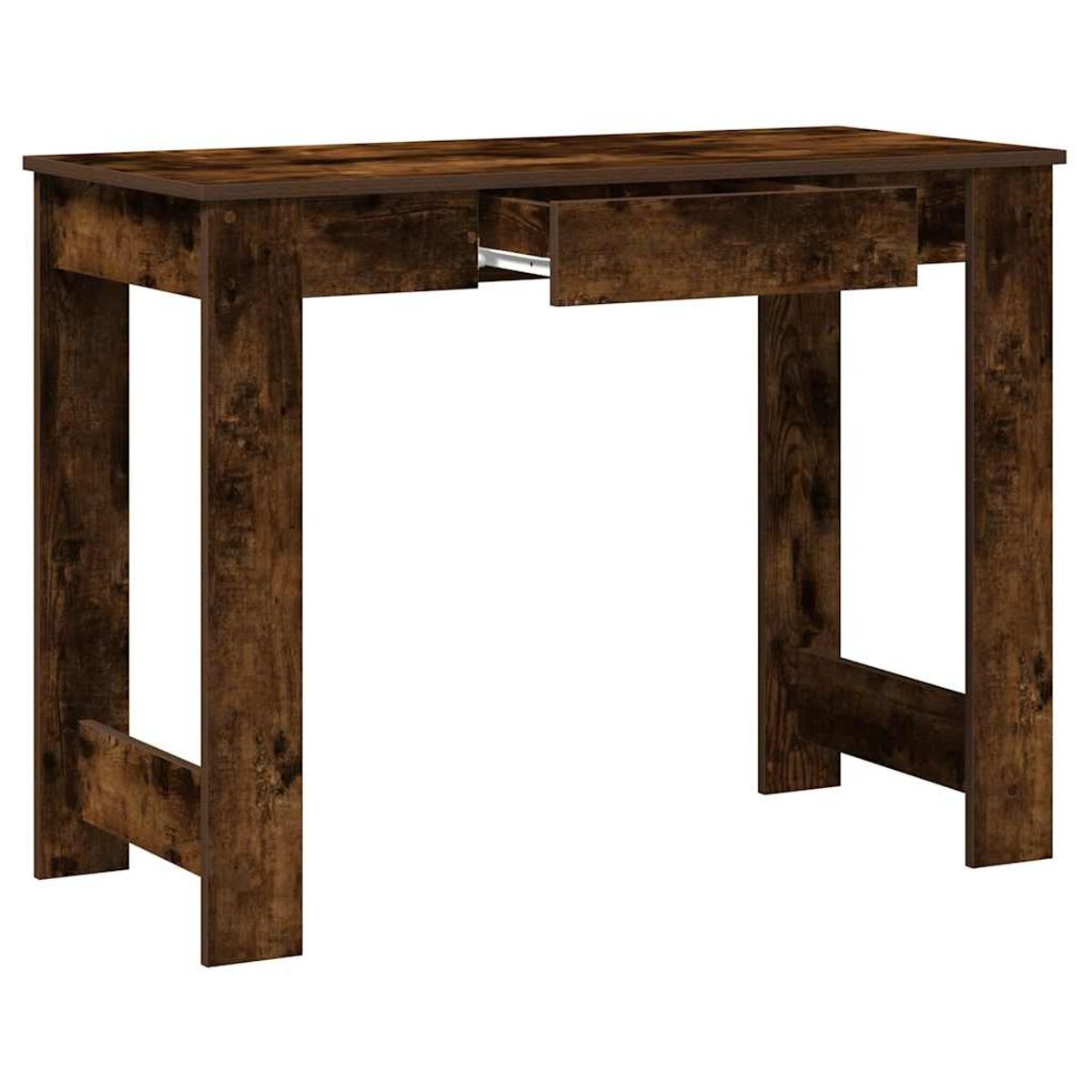Dunkelbrauner Holzschreibtisch mit geöffneter Schublade. Schlichtes Design, rechteckige Form.