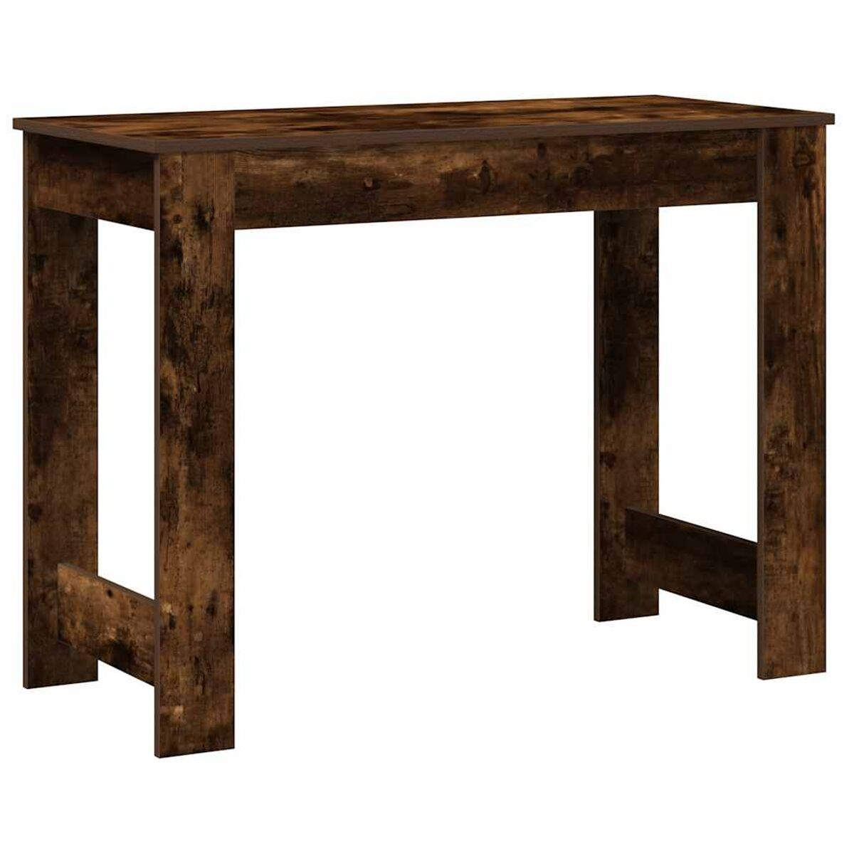 Holztisch mit vier Beinen. Die Oberseite ist braun, die Beine sind dunkelbraun. Er ist leer.
