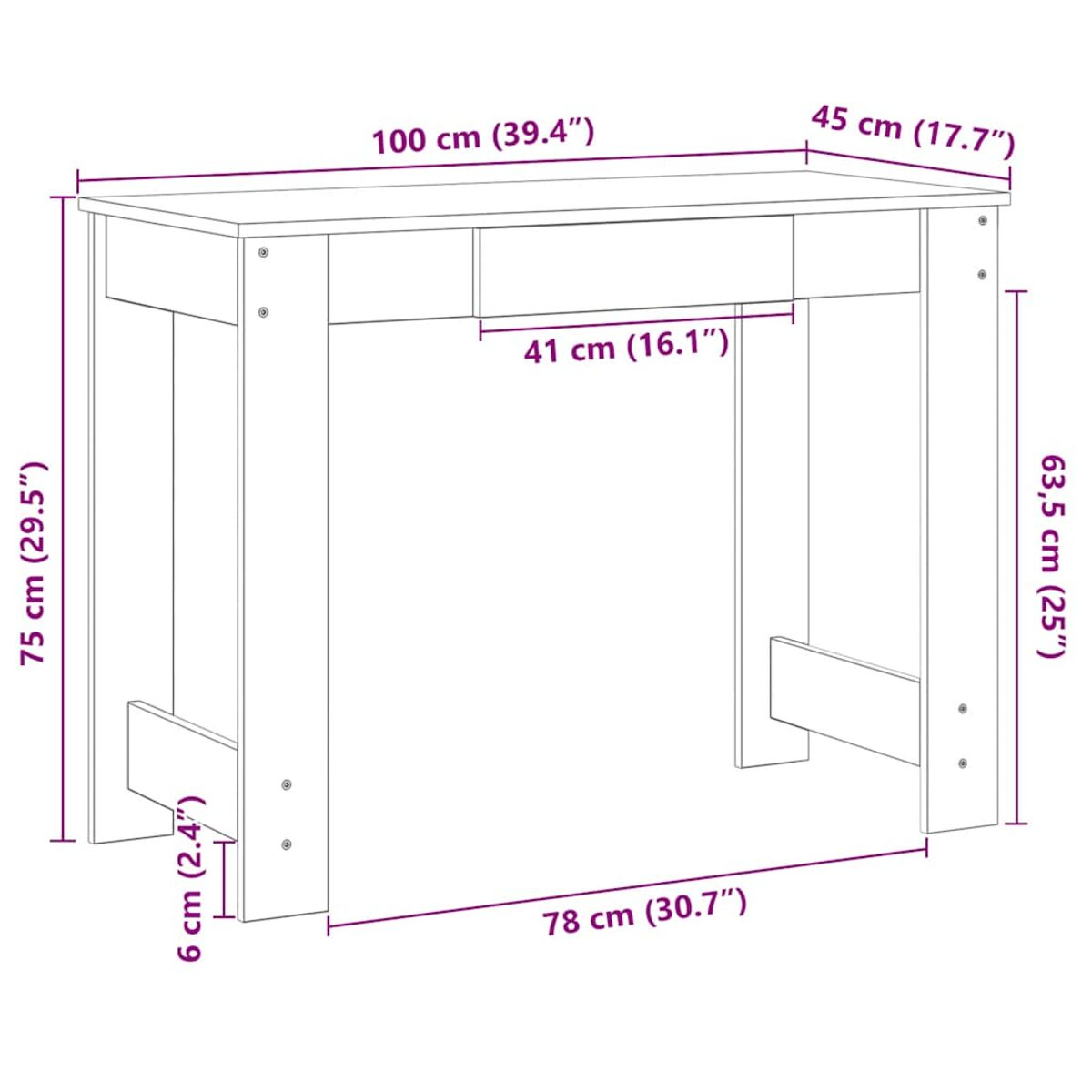 Holztisch mit Abmessungen in Zentimetern und Zoll beschriftet.