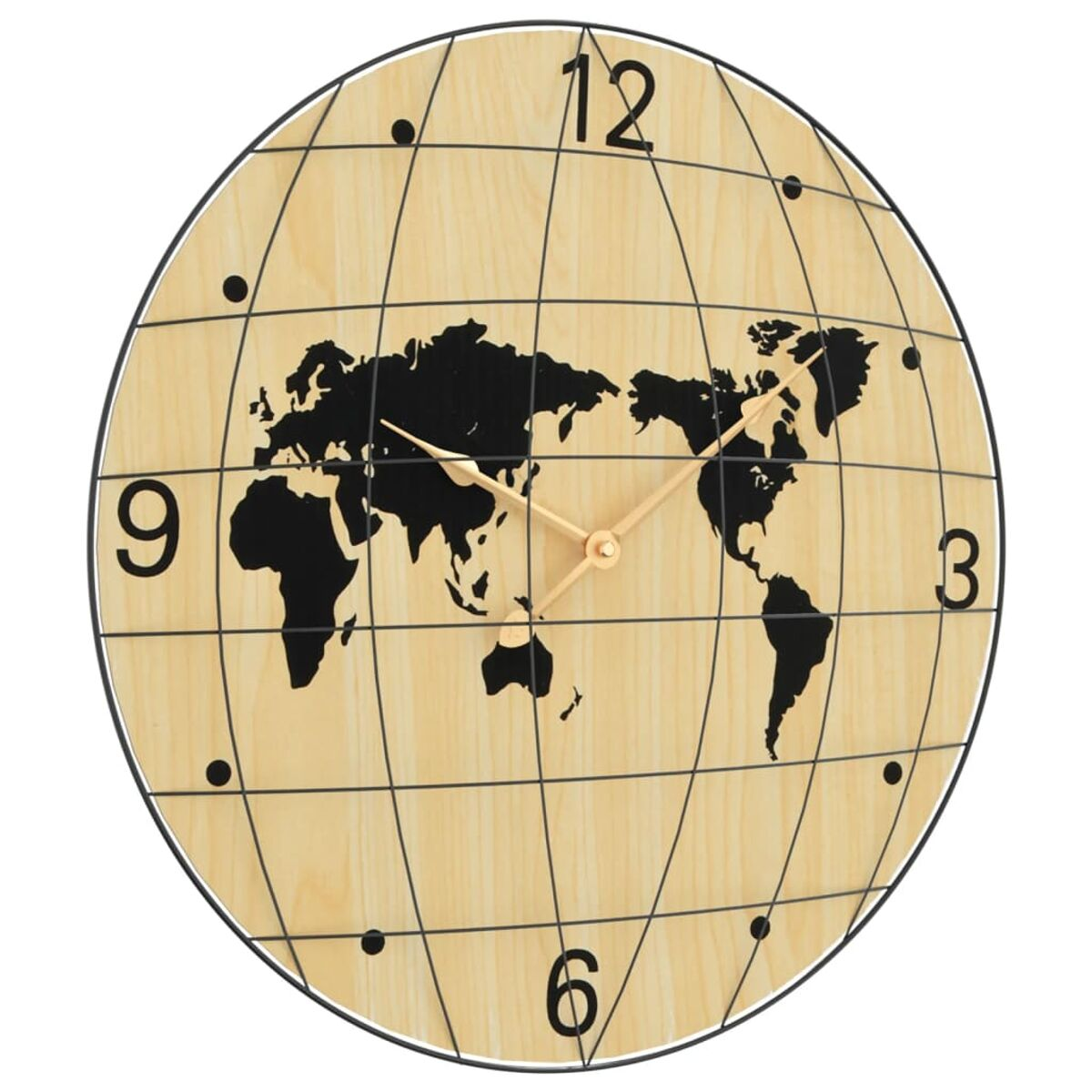 Weltkarten-Uhr aus Holz mit Zahlen. Die Zeiger sind golden. Schwarzer Kreis und Gitter.