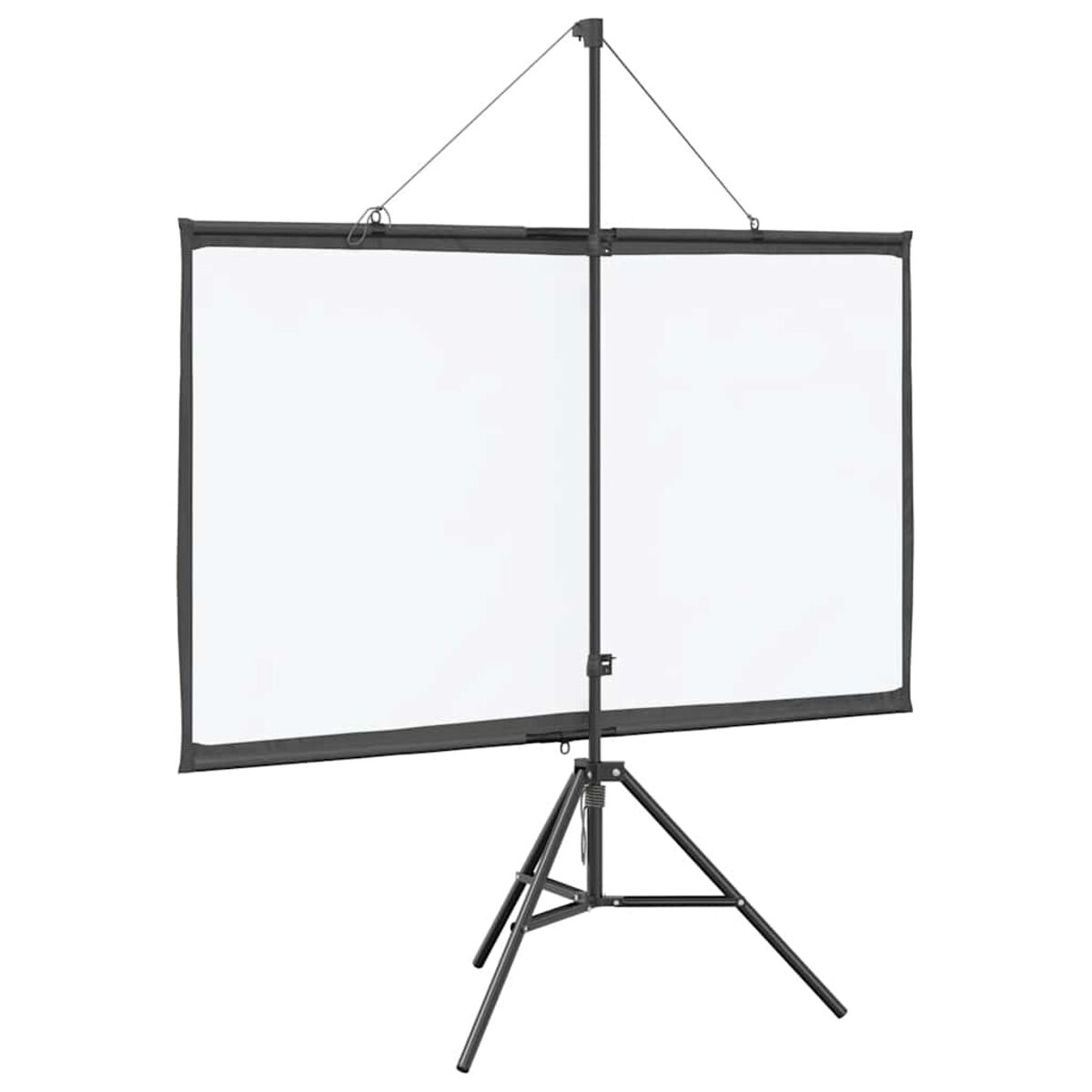 Eine Projektorleinwand auf einem schwarzen Stativ. Die Leinwand ist weiß und der Rahmen schwarz. Ein einfaches Design.