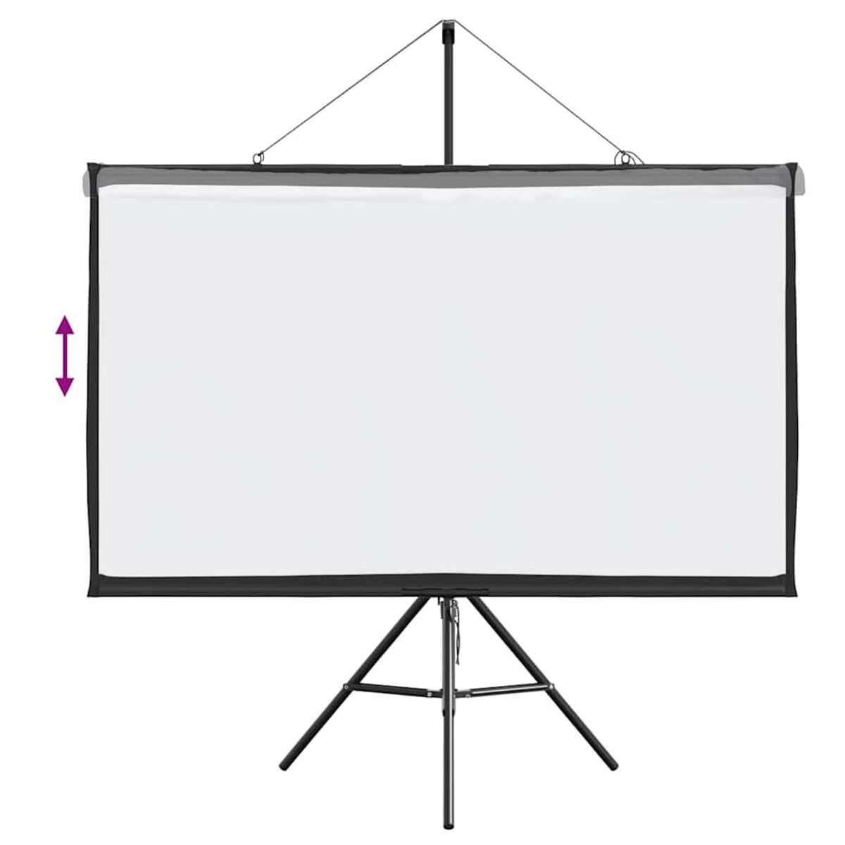 Eine Projektorleinwand auf einem Stativ, mit weißer Leinwand und schwarzem Rahmen, vor weißem Hintergrund.