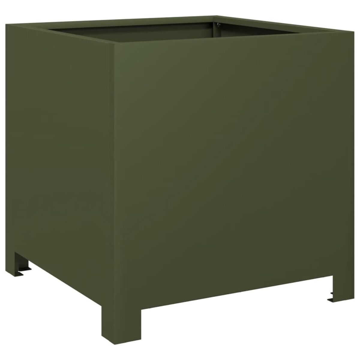 Vaso quadrato verde scuro. Design semplice con quattro gambe.