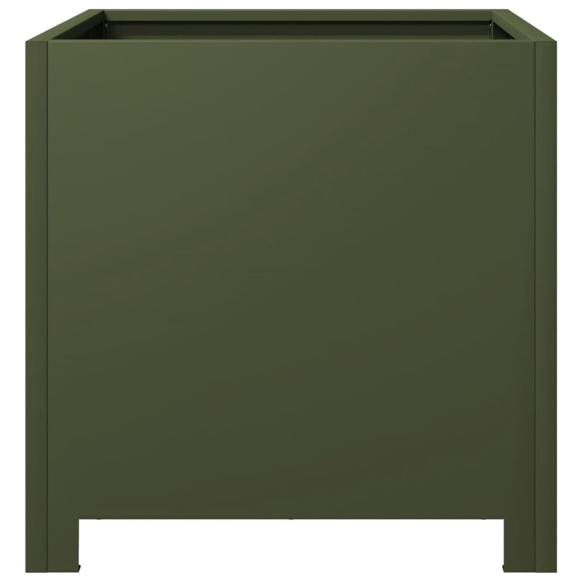 Una fioriera quadrata, verde oliva, su sfondo bianco. Ha un design semplice e moderno.