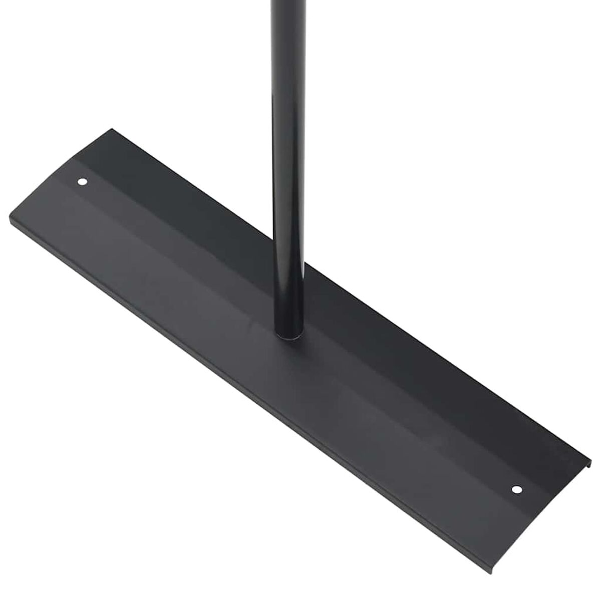 Schwarzer Metallsockel. Lange rechteckige Form mit einem nach oben ragenden Pfosten.