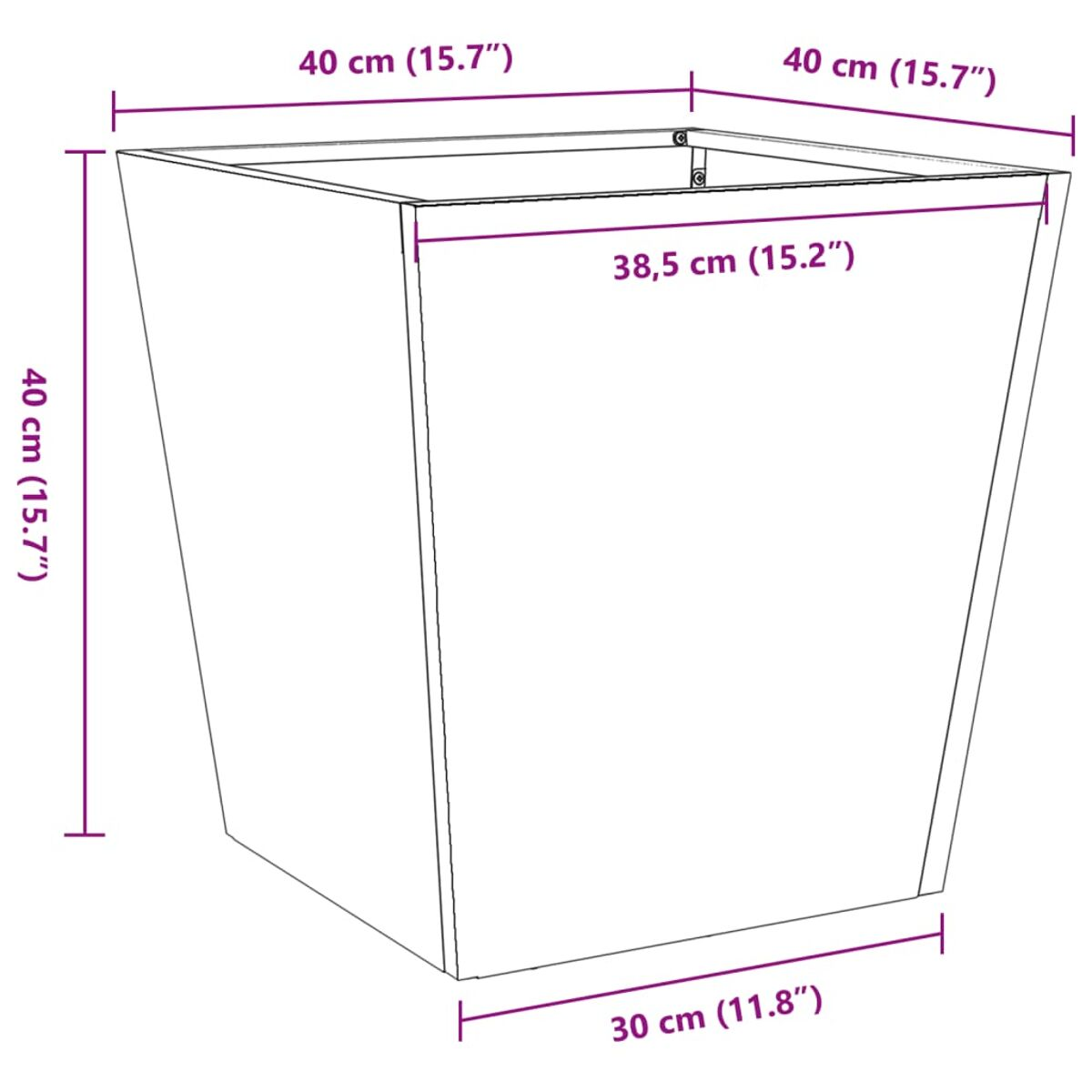 Ein weißer quadratischer Pflanzkübel mit Abmessungen in cm und Zoll: 40x40x30, mit abgewinkelten Seiten.
