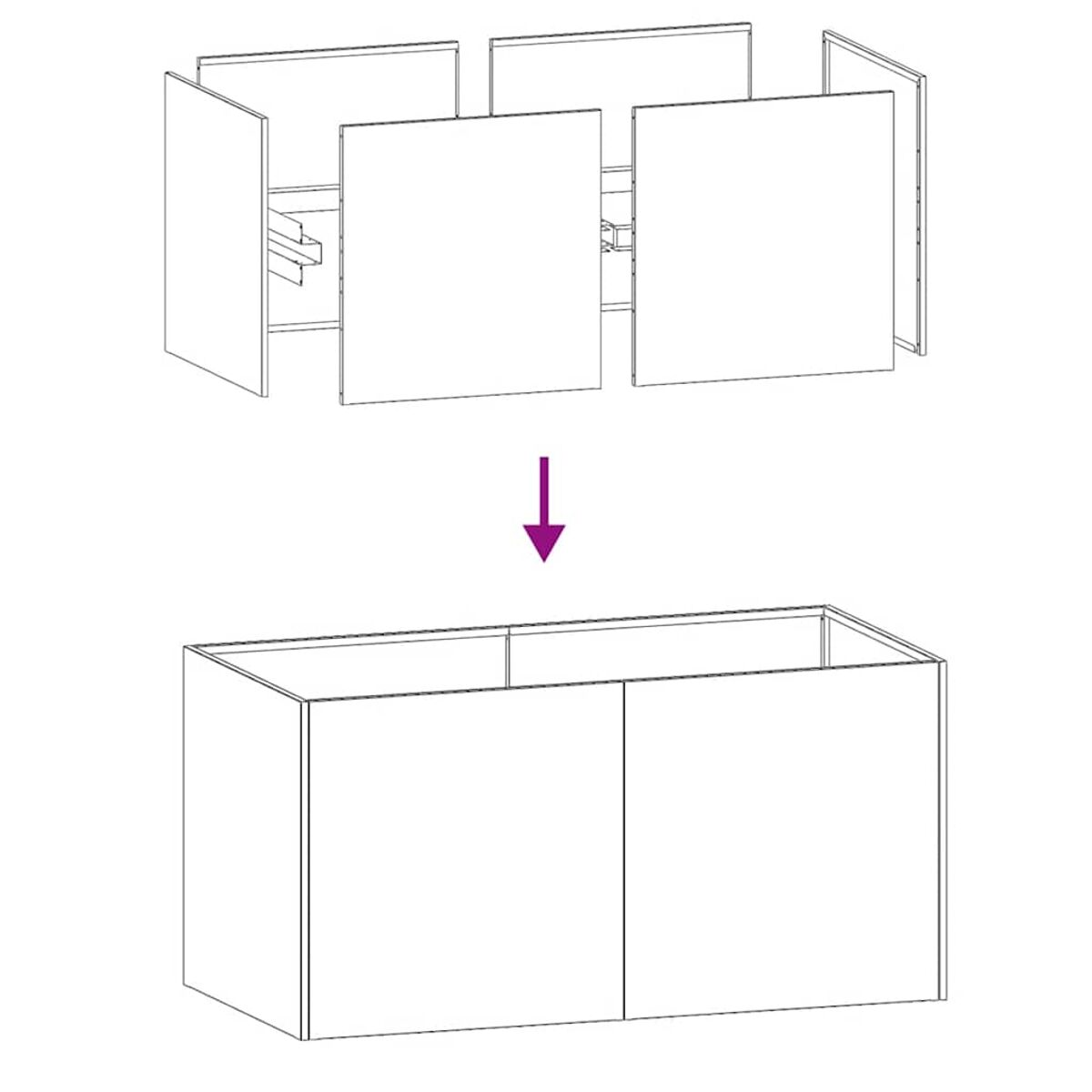 Diagramma che mostra i componenti di un mobile assemblati da pannelli separati.