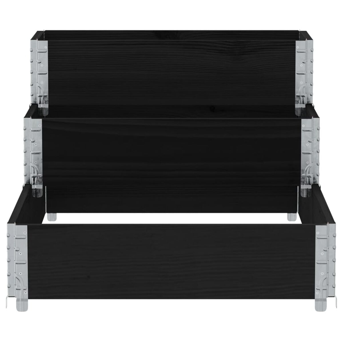 Supporto per piante in legno nero a tre livelli. Supporti metallici agli angoli.