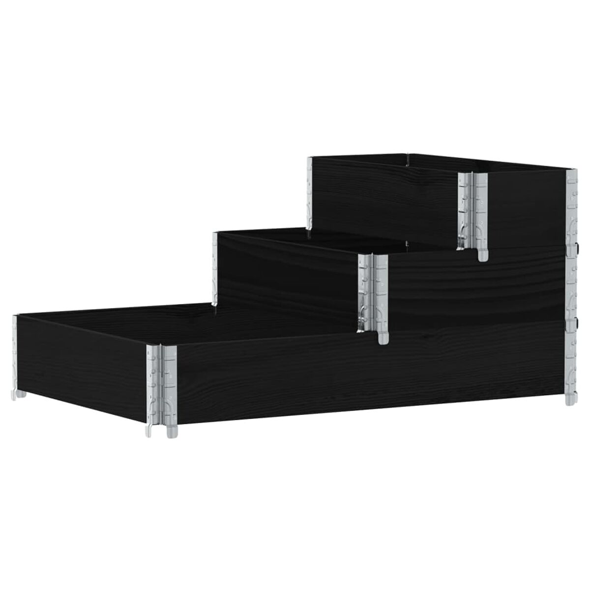 Una fioriera a gradini in legno nero con supporti metallici, su sfondo bianco.