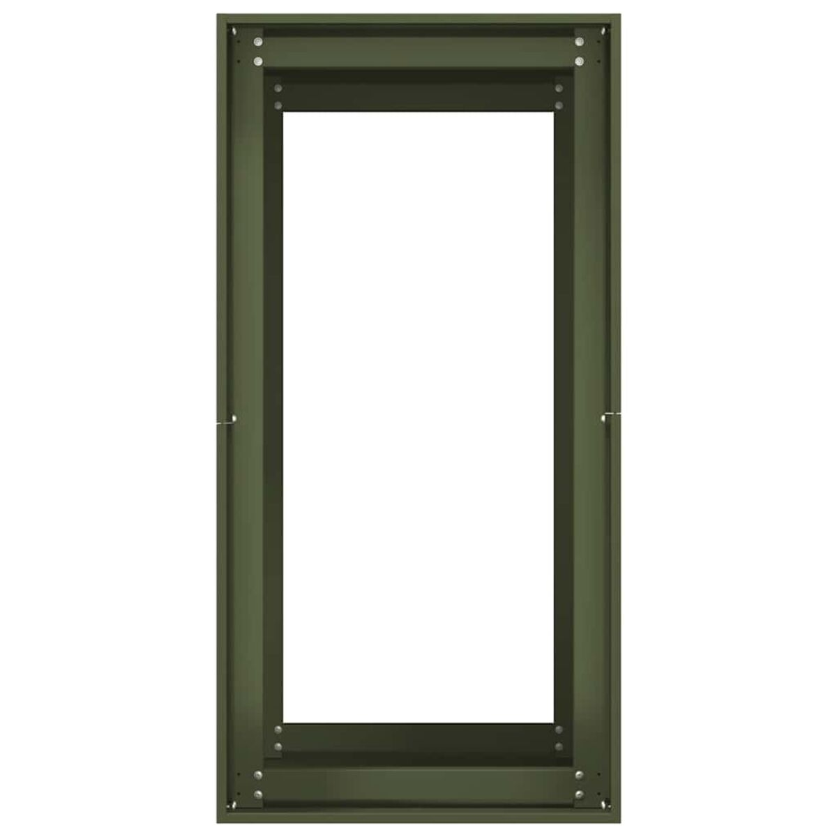Un telaio della porta verde a telaio aperto con un interno bianco. Sono visibili piccoli elementi di fissaggio in metallo.