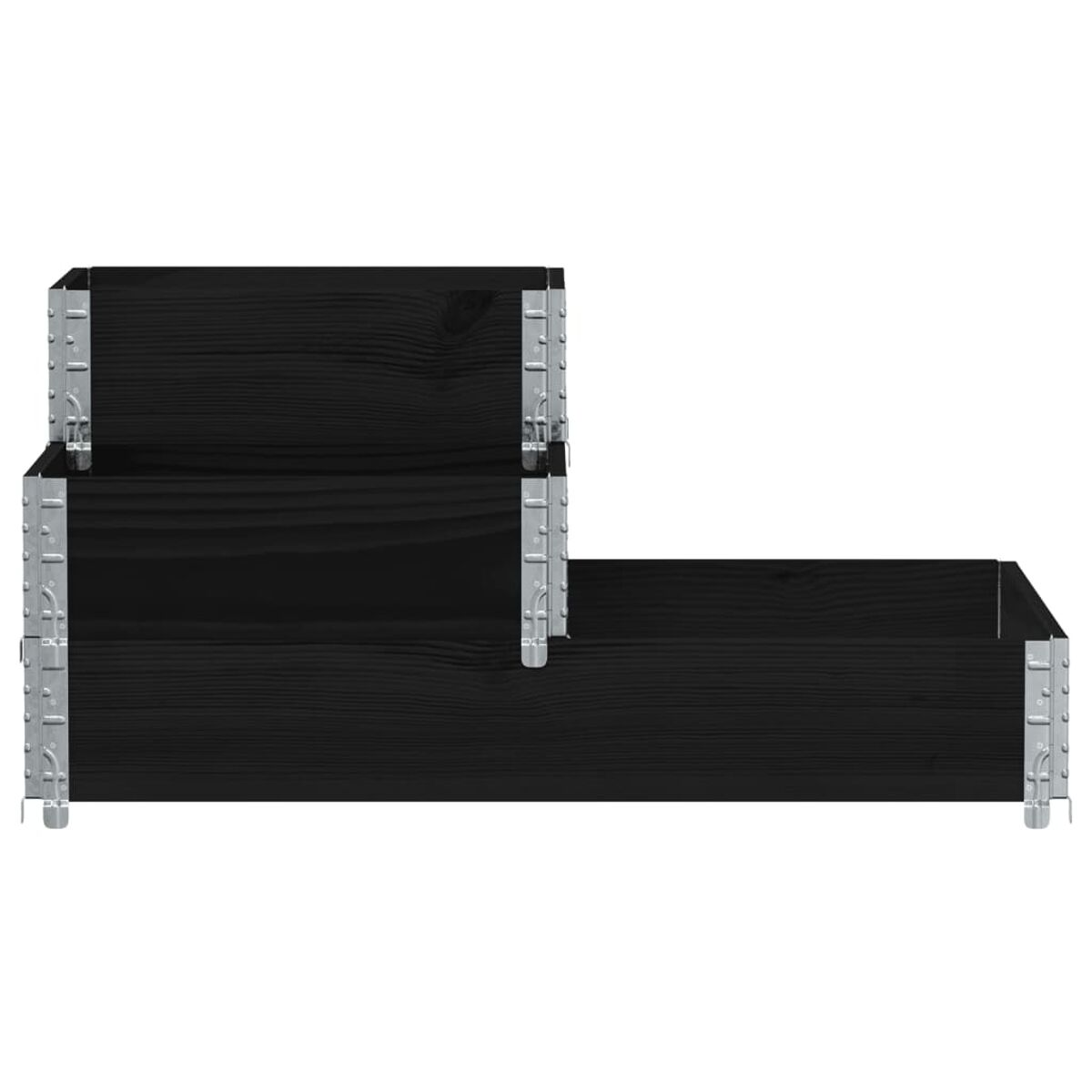 Fioriera in legno nero con design a due livelli. Gli angoli in metallo fissano la struttura.