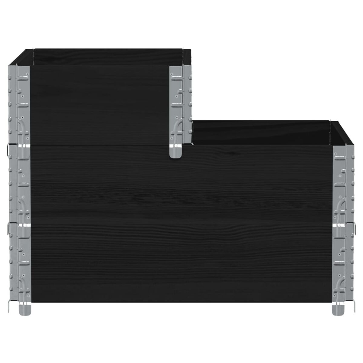 Fioriera nera con dettagli metallici. Design in legno scuro.