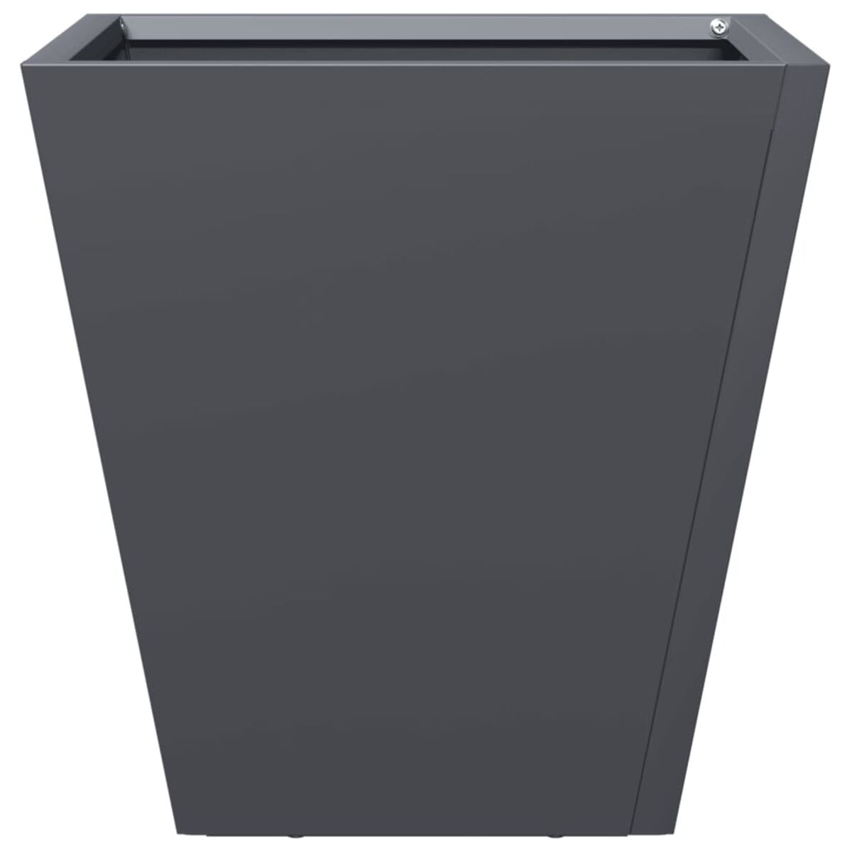 Fioriera grigio scuro. Forma affusolata, colore grigio, vuota, superficie liscia, sfondo bianco.