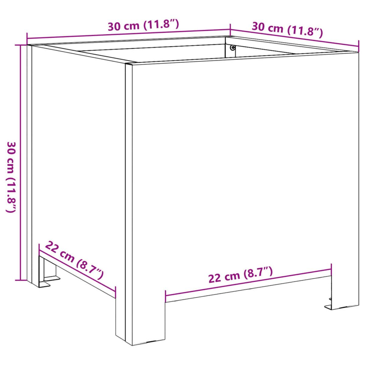 Un mobile bianco a forma di cubo è mostrato con dimensioni indicate in centimetri e pollici.