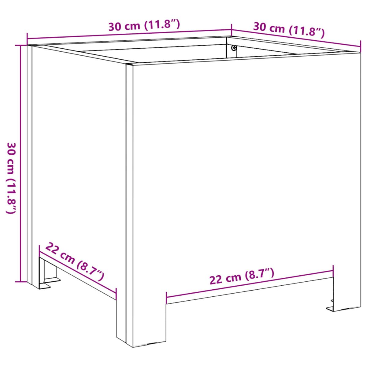 Fioriera cubica in legno. Sfondo bianco. Le dimensioni sono indicate.
