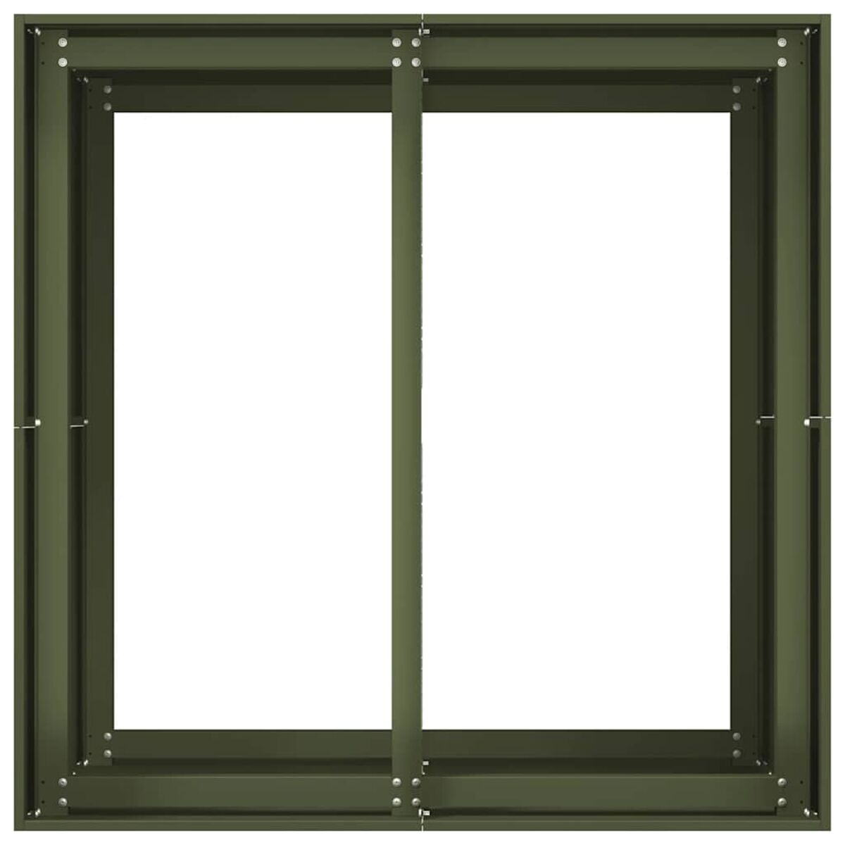 Telaio di finestra in metallo verde, vuoto dentro, sfondo bianco.