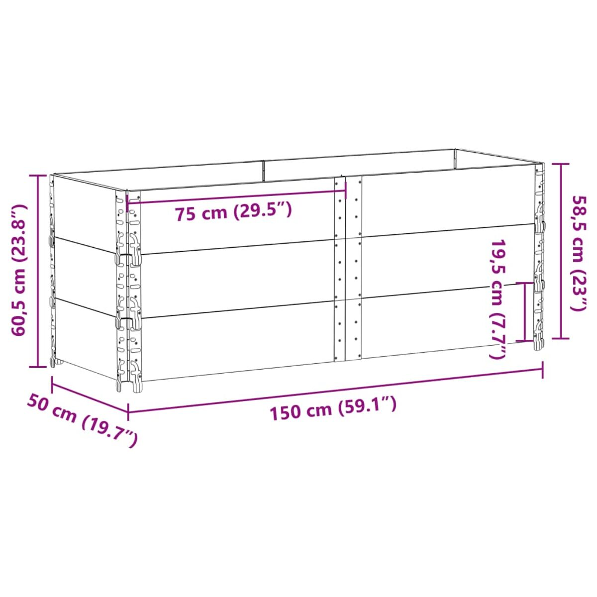 Fioriera rettangolare in legno con dimensioni indicate.