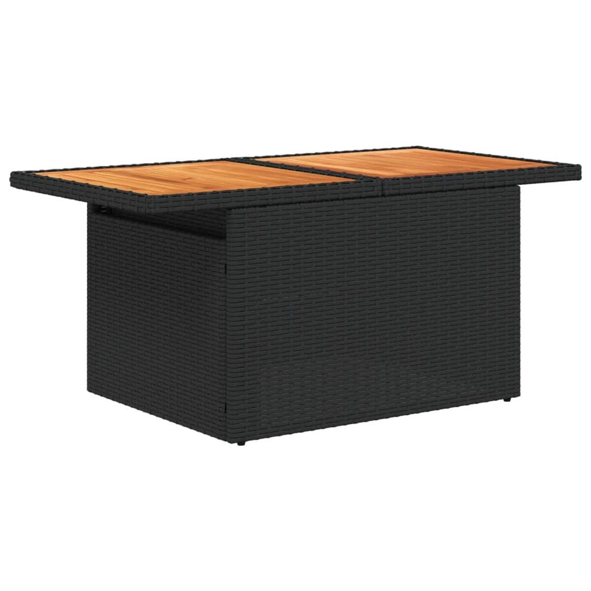 Tavolo da esterno in vimini nero con due piani in legno, su sfondo bianco.