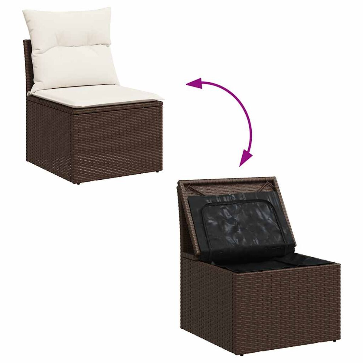 Sedia in vimini marrone con vano contenitore, coperchio aperto e cuscino, su sfondo bianco.