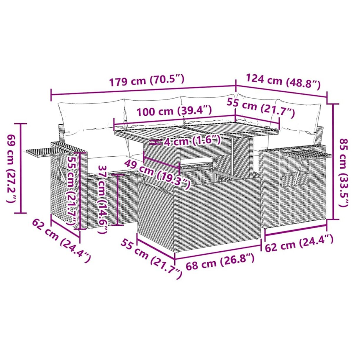 Geflochtenes Terrassenmöbel-Set mit Tisch und Sofa. Die Abmessungen sind für jedes Stück angegeben.