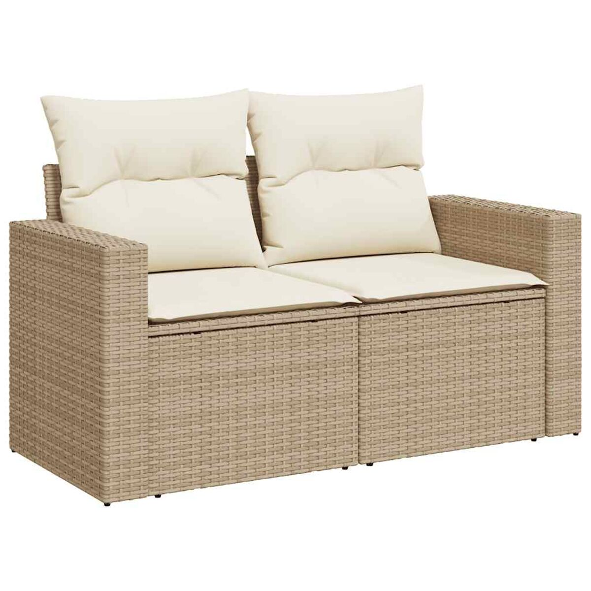Divano in rattan beige con due cuscini. Design semplice.