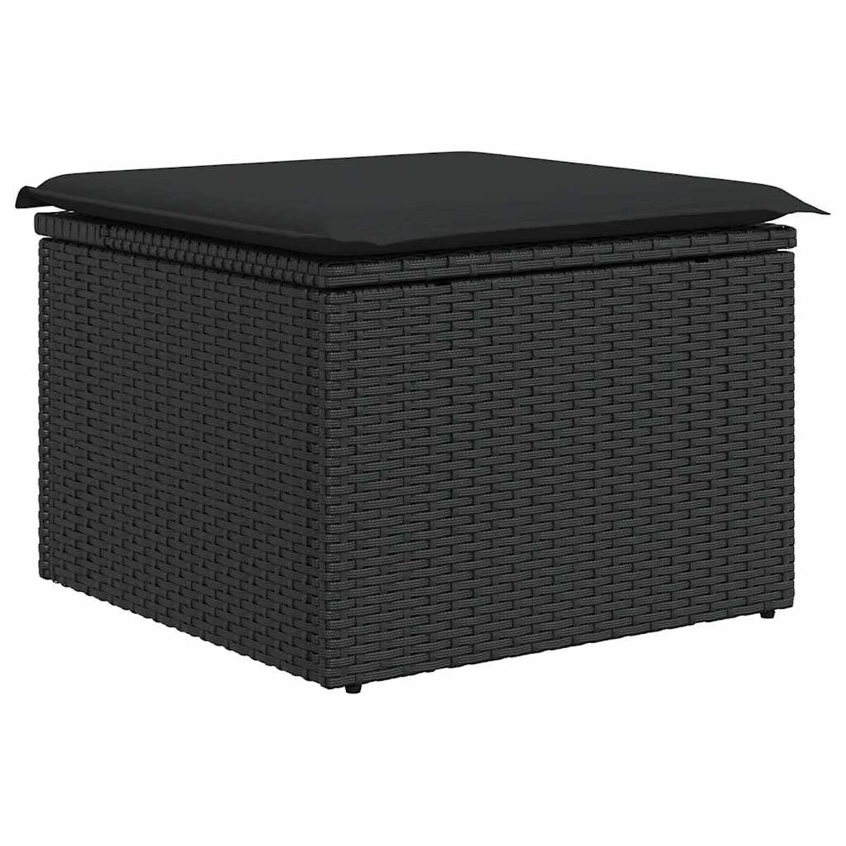 Un contenitore nero in vimini con un cuscino nero sopra.