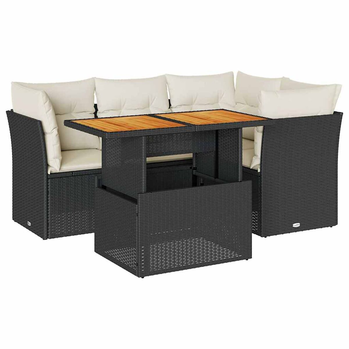 Set divani in rattan nero con tavolo sollevabile e cuscini color crema.