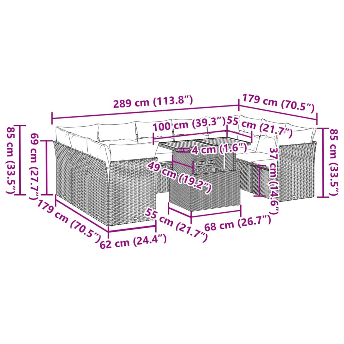 Diagramma di un set di mobili da esterno con dimensioni. Divano, tavolo e sedute in stile vimini.