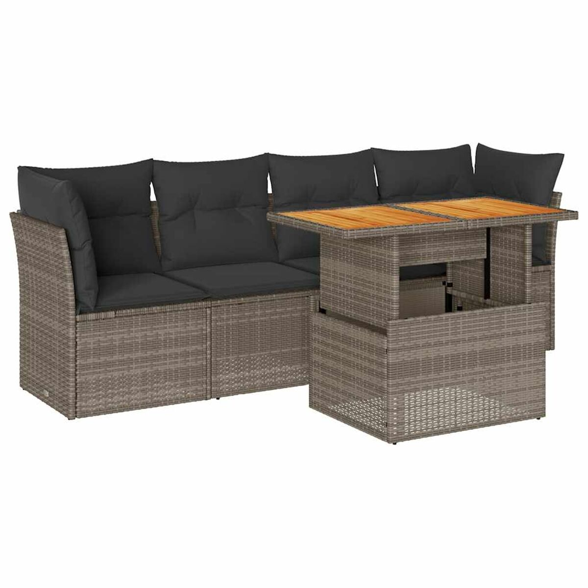 Set da patio in vimini con cuscini grigi e tavolo sollevabile. Il set è grigio con piano in legno.