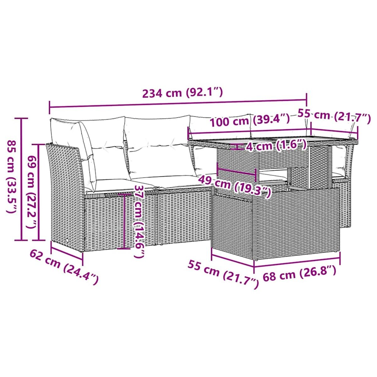 Set divano da esterno in vimini con dimensioni. Include un divano angolare, un tavolo e un sedile singolo.
