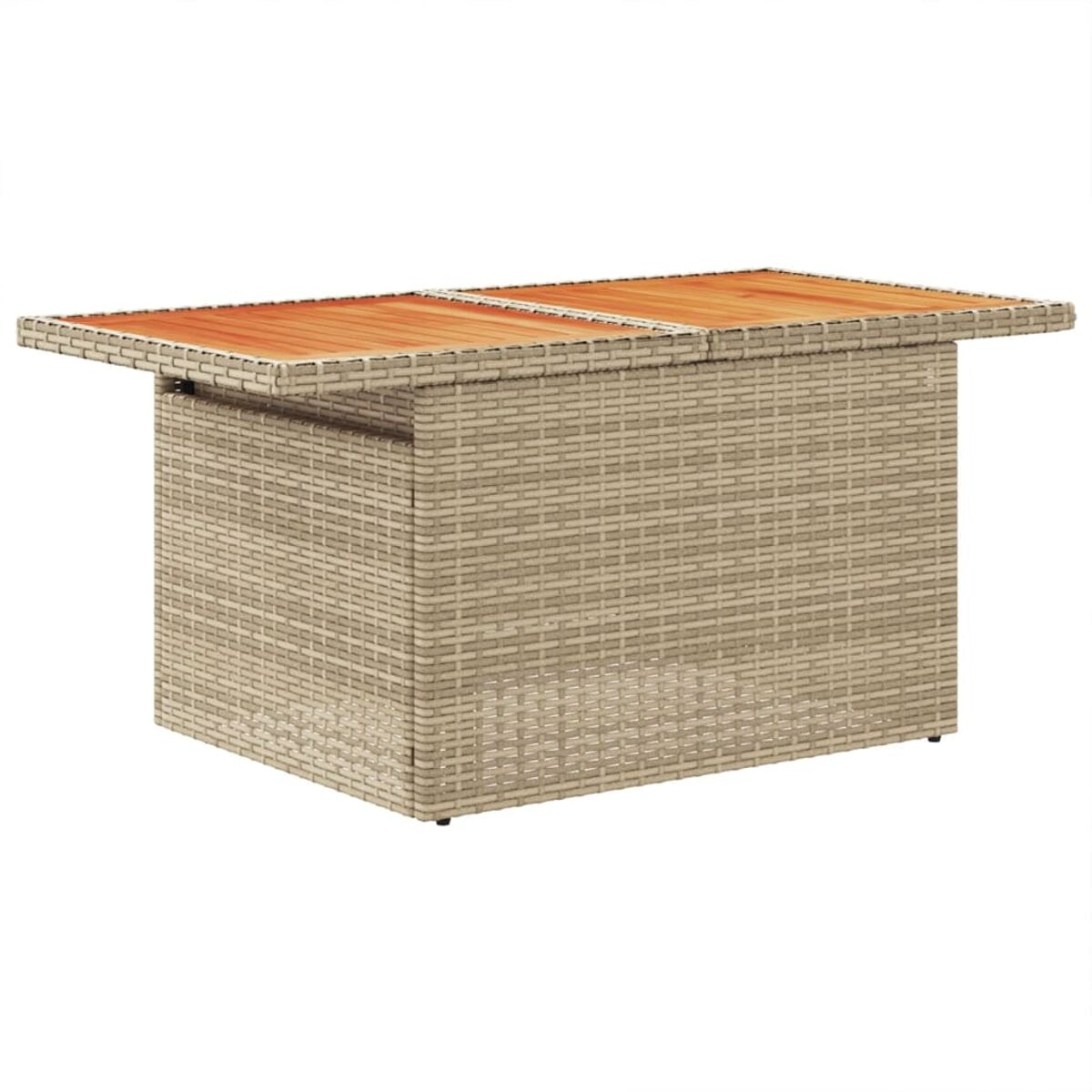 Rattan-Couchtisch, hellbeige, mit Holzplatte. Weißer Hintergrund.