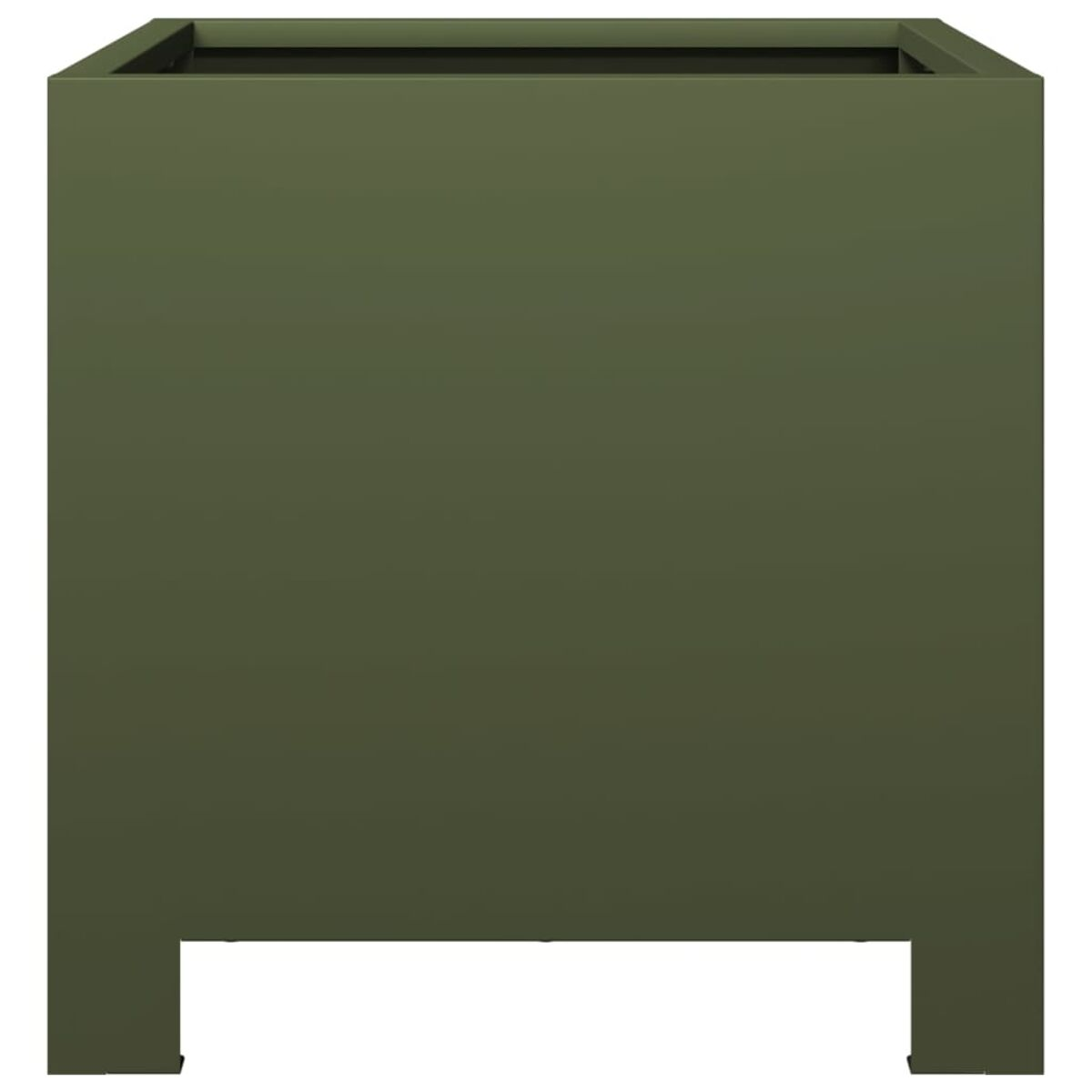 Fioriera quadrata verde oliva. Design minimalista con colore pieno e gambe corte.