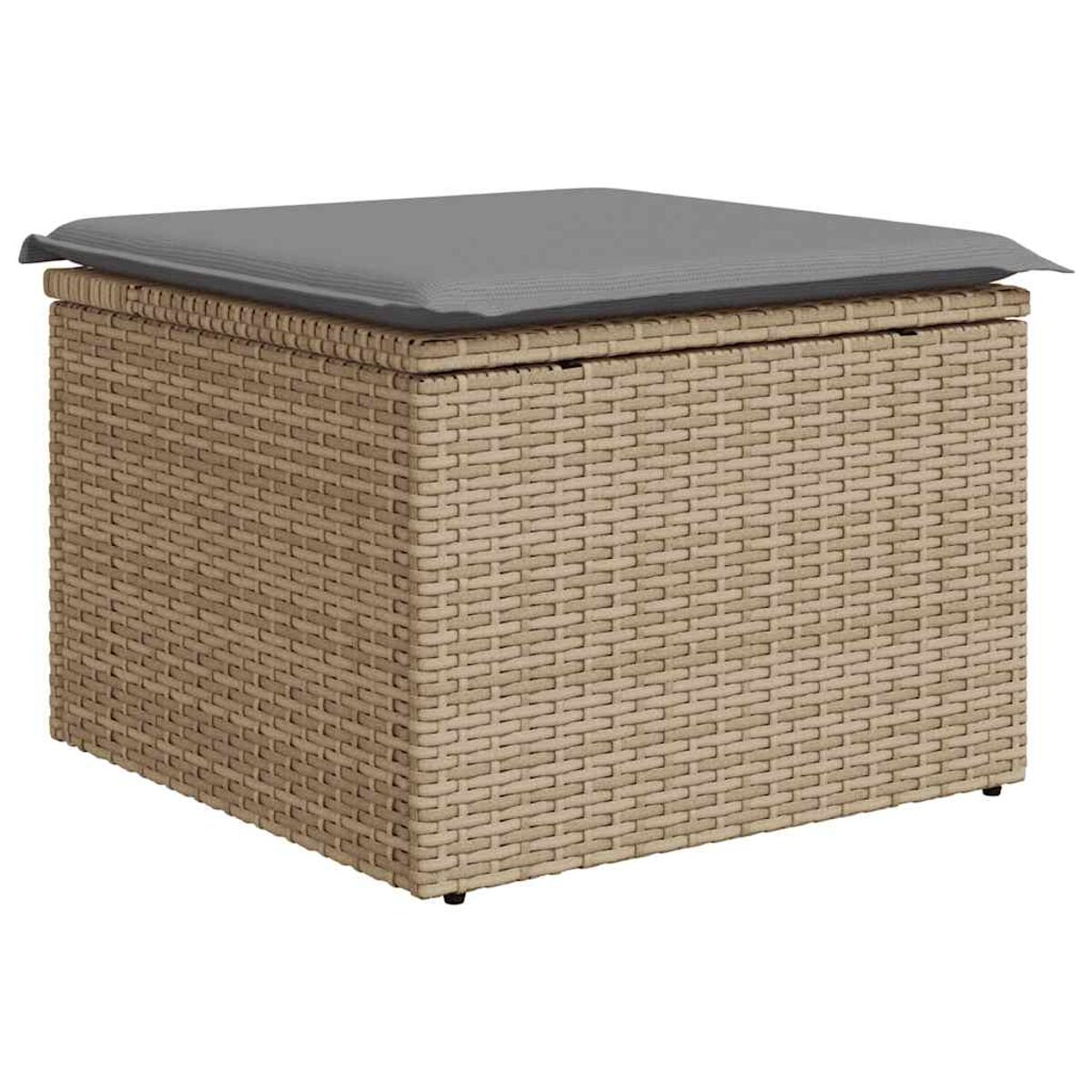 Un pouf quadrato marrone intrecciato con un cuscino grigio sopra.