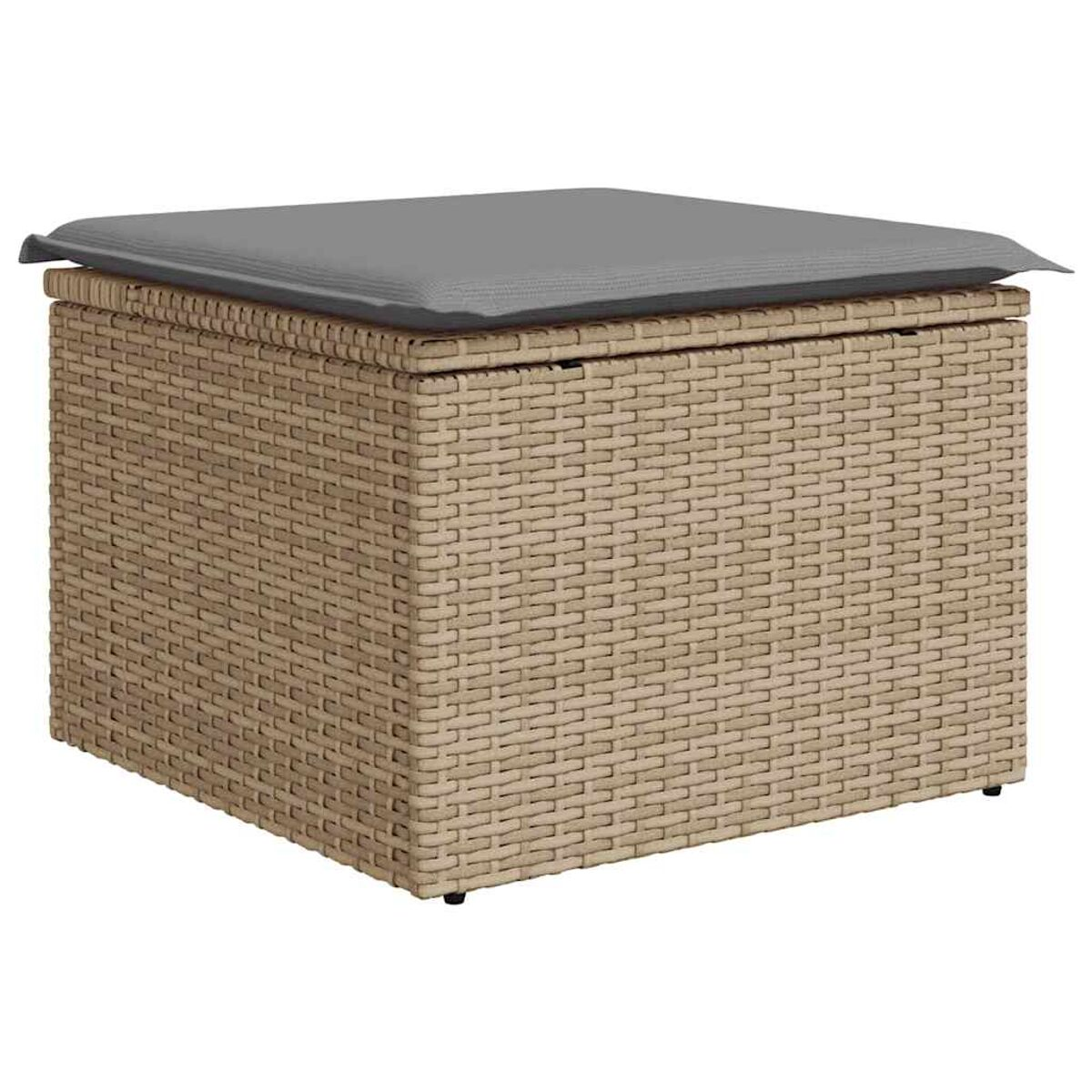 Cubo beige intrecciato con cuscino grigio. Lo sfondo è bianco.