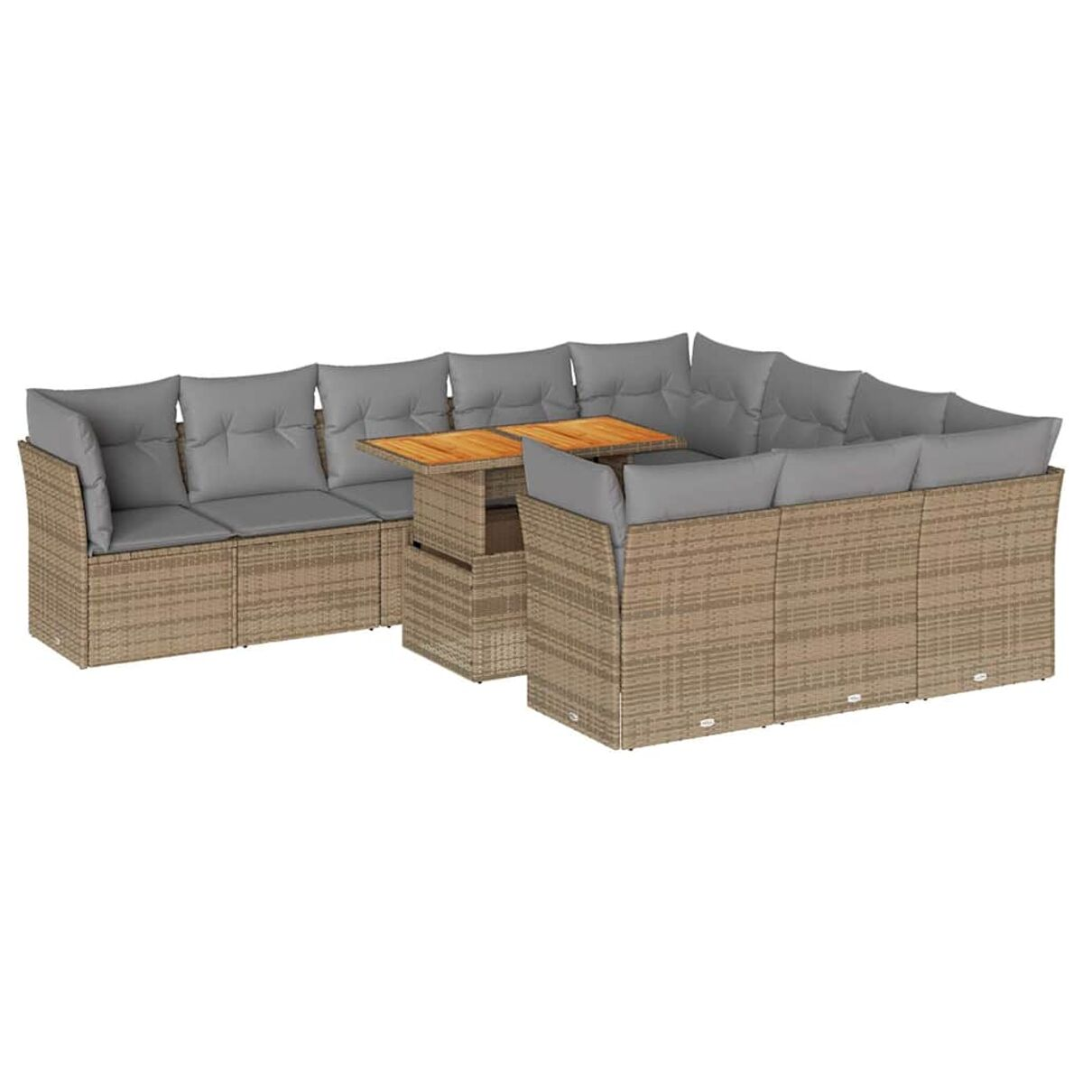 Divano componibile in vimini beige con cuscini grigi e tavolo in legno.